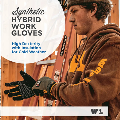 Man wearing Hardworking Insulated Synthetic Leather Winter Work Gloves For Men With 3M Thinsulate, adjusting fit at worksite