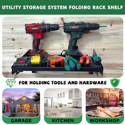 Garage Folding Storage Shelves With Lip Two Pack 200 Pound Capacity Wall Mounted Adjustable Rail Shelves For Tools Gear Workshop Home Garage Kitchen Office Heavy Duty Steel Construction Holds Tools Parts And Gear Home Shop Ready shown with tools