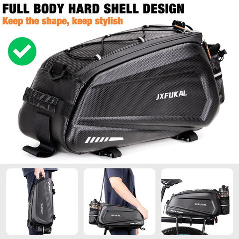 Side view of Hard Shell Waterproof Bike Rack Bag For Rear Carrier 9.5L 17L And 40L Capacities with shoulder strap.