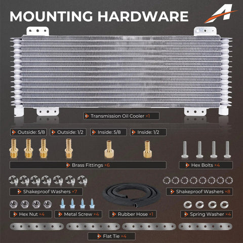 40K Transmission Cooler Kit with mounting hardware and brass fittings for heavy duty trucks and towing, low pressure drop oil cooler system