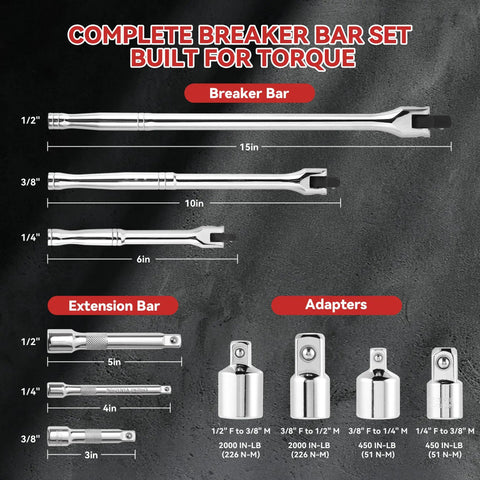 Heavy Duty 10 Piece Breaker Bar Set Featuring 180 Degree Swivel Head with 3 breaker bars and 4 socket adapters.