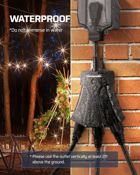 Image of Outdoor Remote Control Outlet Switch With Three Heavy Duty Grounded Outlets, Weatherproof 15 Amp Plug for outdoor use with string lights and decor on a brick wall.