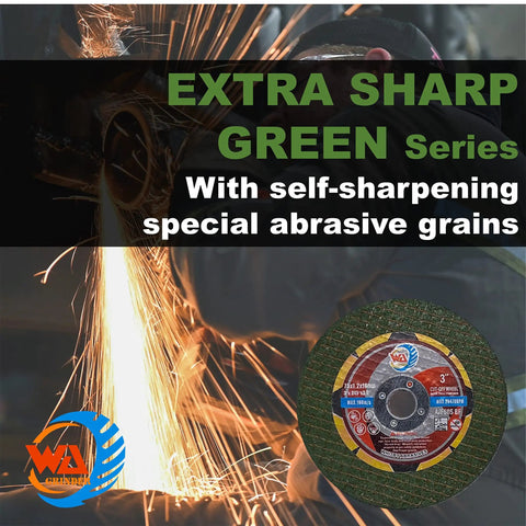 Extra sharp green series cut off disc with sparks, part of the Three Inch Thin Cut Off Disc Pack For Die Grinder With 3 Eighth Inch Arbor.045