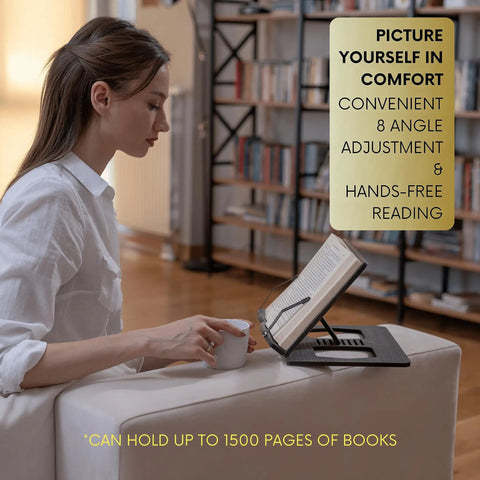 Woman using Oak Wood Book Stand With Adjustable Tilt for reading on a sofa, showing 8 angle adjustment feature, hands-free use