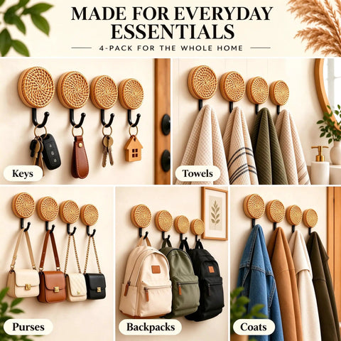 Four Pack Slick Boho Wall Hooks Decorative Wide Opening Coat Rack For Towels Backpacks And Purses With Rock Solid Screw Mount Heavy Duty home storage showcasing towels, keys, purses, and bags.
