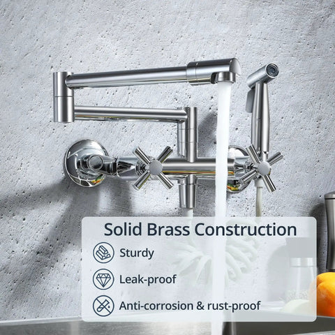 Wall Mount Kitchen Faucet With 360 Degree Rotating Spout Folding Design 17 Inch Reach Side Sprayer And 2 Handle Pot Filler