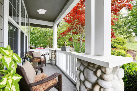 Old School 2 Light Ceiling Light With Frosted Glass For Indoor Or Outdoor Use Dimmable Fixture Ideal For Porch Entryway Patio Deck Garage White Weather Resistant installed on porch ceiling above seating area.