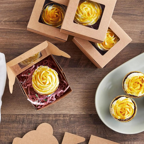 Heavy Duty Brown Cardboard Cookie Boxes With Clear Viewing Window Four By Four Inch Pastry Containers For Cupcakes Mini Pies And Sweet Treats Fifty Pack showing baked cupcakes in open box.