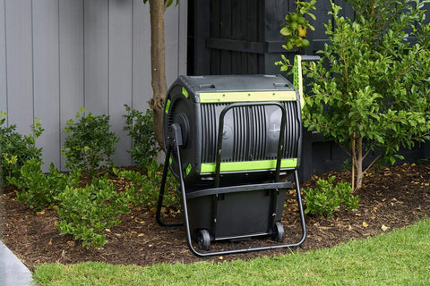 48 Gallon Geared Dual Chamber Compost Tumbler With Large Fill Openings Elevated Design To Fit Included Compost Cart Easy Turn Gear Handle