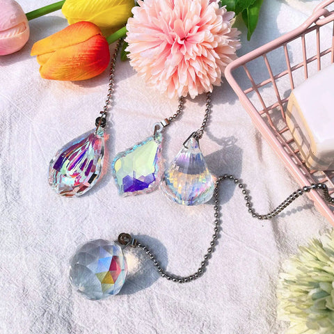 Crystal Rainbow Ceiling Fan Pull Chain Set 20 Inch Extensions With Ball Connectors 4 Pack Decorative Ornaments Shiny Look