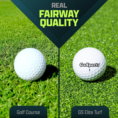 Comparison of golf ball on real grass and Elite 5 By 4 Foot Golf Hitting Mat With 15 Mm Artificial Turf for realistic fairway feel.