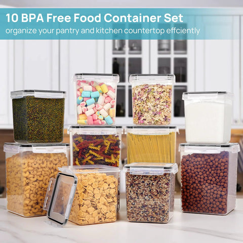 10 Piece Flour And Sugar Storage Containers With Airtight Lids Large BPA Free Plastic Canisters displayed with colorful food items.
