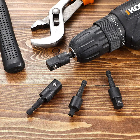 Beefed Up Workhorse 4 Piece Power Drill Socket Adapter Set With 360 Degree Rotating Sockets And 105 Degree Right Angle Driver