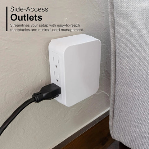 Six Outlet Surge Protector Wall Tap Extender With Side Access Design For Tight Spots, 1200 Joules, UL Listed, in use behind sofa