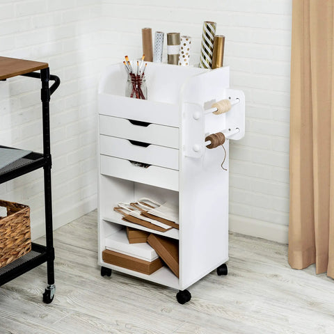 Game Changing Rolling Craft Storage Cart With Three Roomy Drawers And Broad Open Shelves For Bulk Wrapping Paper Ribbon Spools And DIY Gear Featuring Easy Glide Locking Wheels To Keep Your Studio Hustle Neat showcasing open shelves and drawers with tools and materials.