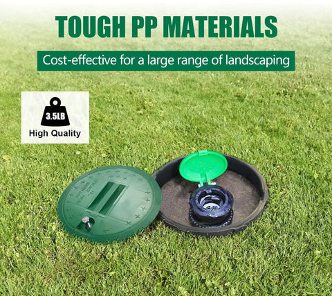 Three Pack 10 Inch Sprinkler Valve Boxes Made From Durable PP Round Irrigation Box For Garden Yard Lawn Grassland Ground Farm Tough As Nails Underground Splice Box With Green Cover Weatherproof And Sun Resistant Easy Install showcasing open box on grass
