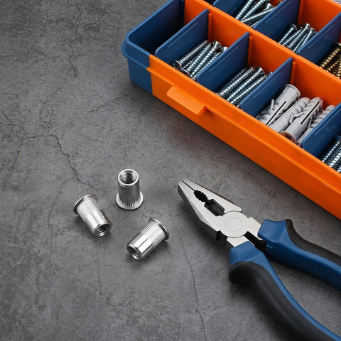 50 Pack M6 Knurled Stainless Steel Blind Rivet Nuts Set with threaded insert rivnuts and pliers on concrete surface