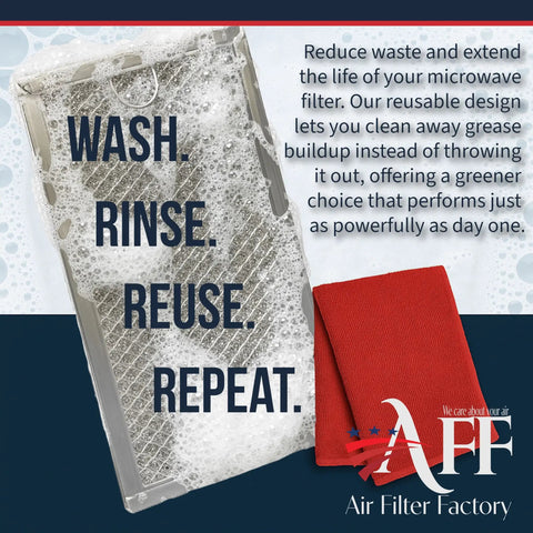 Aluminum Grease Filter Replacement For GE Microwave Ovens 6.81 x 6.34 Inches displayed with soap suds and cleaning cloth.