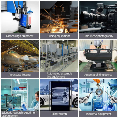 Collage of industrial equipment including JD45C Linear Guide Rail With Synchronous Belt Module And Electric Sliding Table