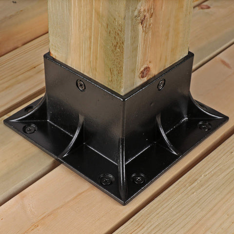 Stainless Steel Wood Post Anchor For 3.5 By 3.5 Posts, 4x4 Nominal, Black Finish, mounted on a wooden deck, heavy duty support