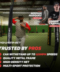 Pro pitcher using 7 ft portable baseball softball practice net with I screen shield in indoor setting for pitching and hitting practice