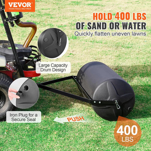 Tow Behind Lawn Roller 400 Lb Sand Or Water Filled Yard Roller With LLDPE Drum And Steel Frame Heavy Duty Sod Roller attached to tractor