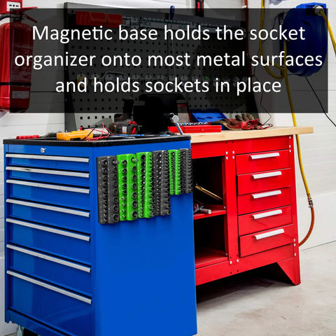 Magnetic Socket Organizer Set, 3-Piece Drive Metric Socket Holder With Strong Magnets, Holds Up To 75 Sockets on a tool cart.