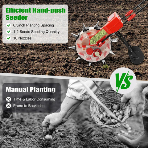 Manual Garden Seeder With 10 Nozzles Hand Push Planter Roller showcasing efficient sowing and manual planting comparison