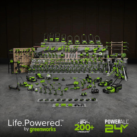 Greenworks PowerAll 24V gardening tools, including the Cordless 24V Polesaw And Hedge Trimmer Combo Kit, organized on display.
