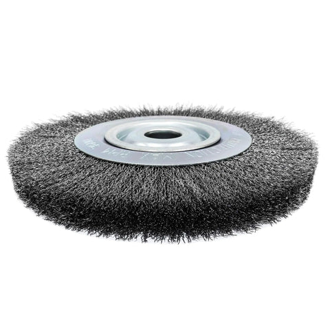 Crimped Wire Bench Wheel Brush 10 Inch With 1 Inch Bore And 1.25 Inch Arbor, Heavy Duty Cleaning And Polishing Tool, 0.014 Inch Wire, 3600 RPM
