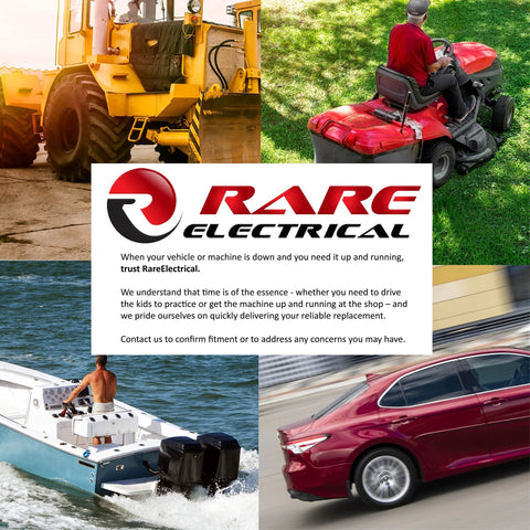 RareElectrical logo collage featuring heavy equipment, a red riding lawn mower, a speedboat, and a red car.