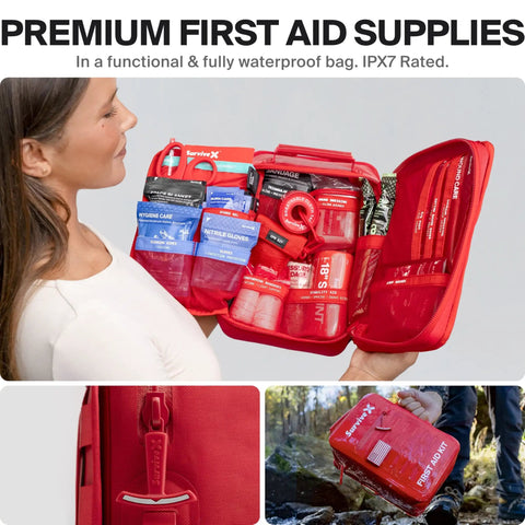 Large Waterproof First Aid Kit For Car, Travel, Home And Outdoors with IPX7 sealed zippers, rubberized shell, open view.