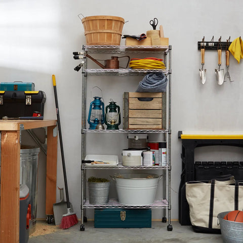 Heavy Duty Five Shelf Chrome Wire Storage Cart With Dual Swivel Casters For Garage Or Office with various items organized.