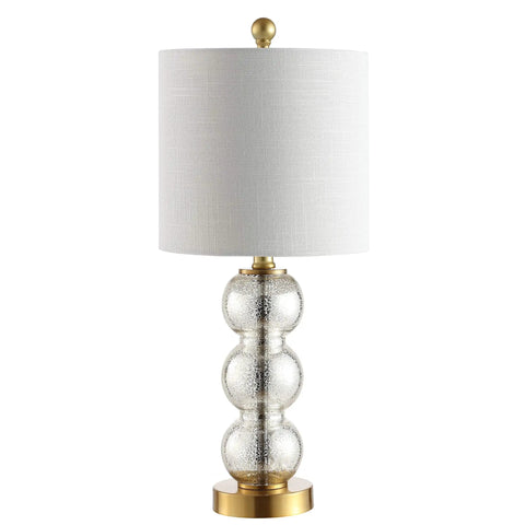 Mercury Glass And Brass Table Lamp With White Linen Shade For Bedroom And Living Room, modern stacked sphere design