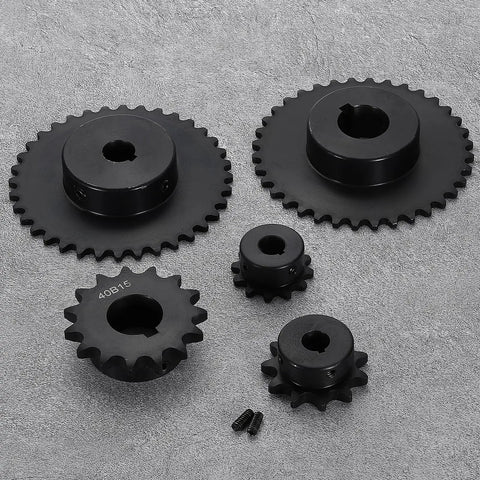 Two Pack 15 Tooth Chain Sprockets for ISO 08A Roller Chain, 1 Inch Bore, C45 Carbon Steel With Black Oxide Finish displayed on surface
