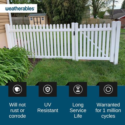 White vinyl fence with Two Sided Key Lock Gate Latch For Metal Wood And Vinyl Fences, Heavy Duty Nylon Polymer Self Latching Gate Lock