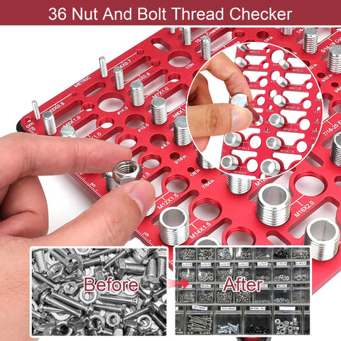 Red metal bolt thread checker gauge board for 36 nuts and bolts; standard and metric sizes; wall-mountable.