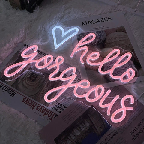 Hello Gorgeous Neon Sign LED Neon Light Heart Wall Decor For Girl Bedroom Lit Romantic Party Gift USB Powered Acrylic Light