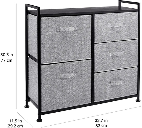 Heavy Duty Five Drawer Closet Organizer In Sleek Black Fabric With Hella Roomy Canvas Drawers Zero Hassle Design For Bedroom Or Living Room Stores Outfits Smooth And Simple, featuring four canvas drawers and sturdy top.