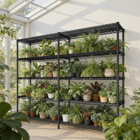 Beefy Heavy Duty 5 Tier Wire Shelving Unit, 73 Inch Wide, 71 Inch High, 17.7 Inch Deep, Garage Storage Solution, Commercial Grade Steel Shelves Holds Up To 1650 Lbs, Extra Wide Organization Rack, Easy Assembly with potted plants