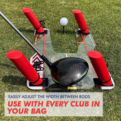Speed Trap Two Point Zero Golf Swing Trainer with rods on grass showing slice and hook correction path aid
