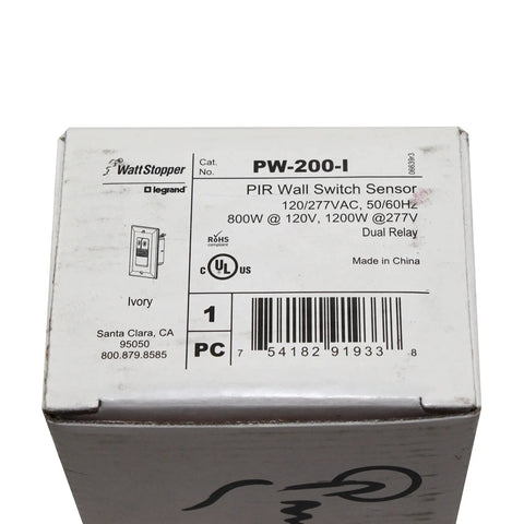 Packaging box of Passive Infrared No Nonsense Motion Sensor Wall Switch 800/1200W, 120/277V, Ivory.