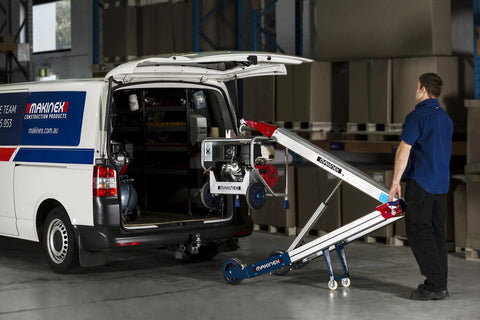 Powered Hand Truck Lift System With Hook, 309 Lb Lift Capacity, 18V Li Rechargeable Battery in warehouse loading van