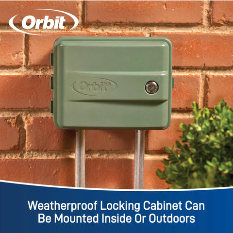 Easy Set Logic 12 Zone Outdoor Sprinkler Timer with locking cabinet mounted on brick wall for waterproof use indoors and outdoors