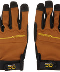 Front view of Flex Grip Work Gloves With Shrink Resistant Synthetic Leather For Tough Outdoor Jobs Improved Dexterity Stretchable Durable Fit Excellent Grip Assorted Sizes.