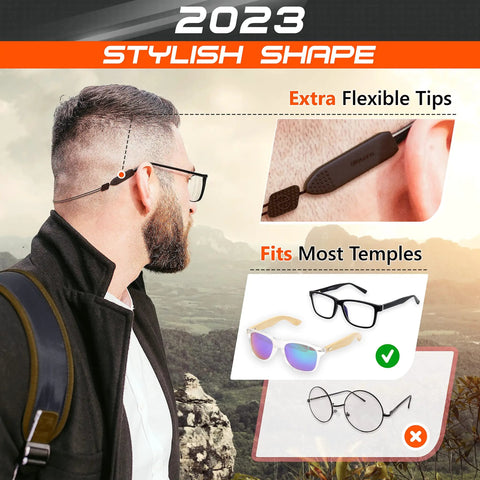 Man wearing Adjustable Glasses Strap Set 3 Pack Eyewear Lanyard Holders No Tail Design showcasing flexibility and temple fit