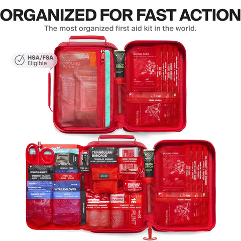 Open large waterproof first aid kit for car, travel, home and outdoors with IPX7 sealed zippers, showing various medical supplies.