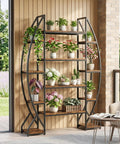 Industrial Oval Etagere Bookshelf With Triple Wide Design And Five Tiers Boss Black Iron Pipe Frame Wood Shelves on patio