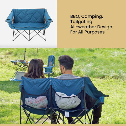 Blue Portable Folding Double Duo Camping Chair Loveseat for Two with extra padding and wine glass holders, outdoors