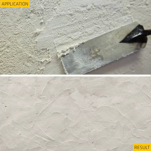 Application and result of Ready Mix Stucco Patch To Patch Up Large Cracks And Spalls White Acrylic Based Repair For Interior And Exterior Use Textured And Moisture Resistant One Quart Durable Patch For Any Stucco Finish.